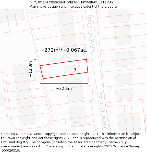 7, ROBIN CRESCENT, MELTON MOWBRAY, LE13 0AX: Plot and title map