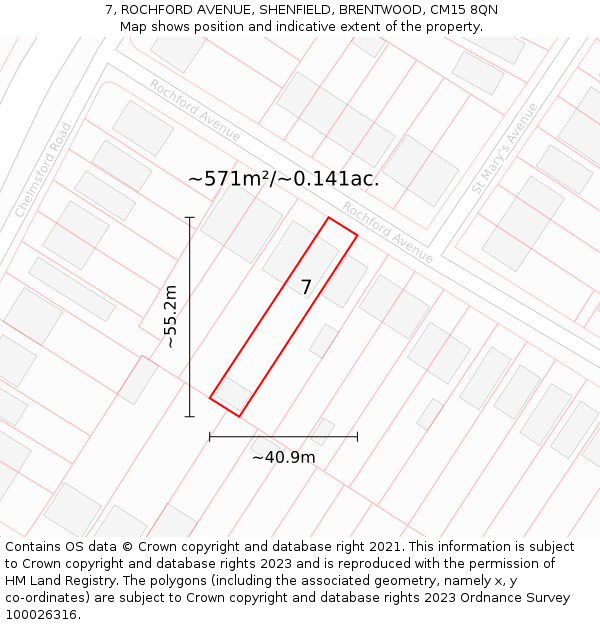 7, ROCHFORD AVENUE, SHENFIELD, BRENTWOOD, CM15 8QN: Plot and title map