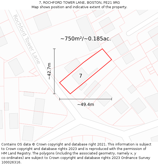 7, ROCHFORD TOWER LANE, BOSTON, PE21 9RG: Plot and title map