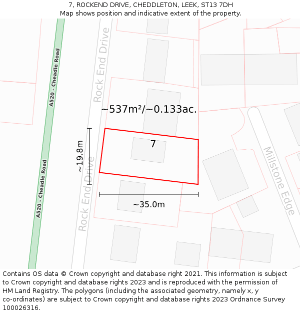 7, ROCKEND DRIVE, CHEDDLETON, LEEK, ST13 7DH: Plot and title map