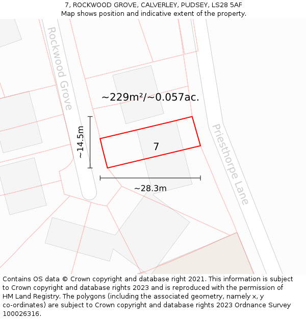 7, ROCKWOOD GROVE, CALVERLEY, PUDSEY, LS28 5AF: Plot and title map