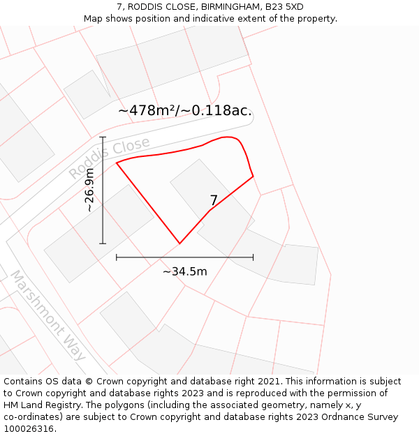 7, RODDIS CLOSE, BIRMINGHAM, B23 5XD: Plot and title map