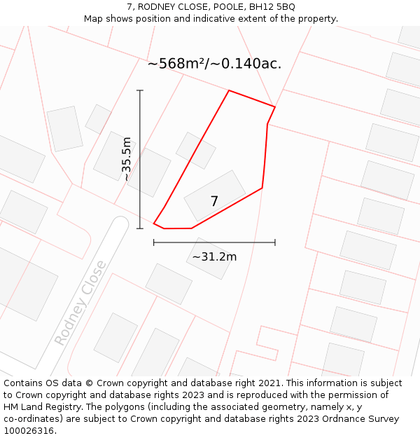 7, RODNEY CLOSE, POOLE, BH12 5BQ: Plot and title map