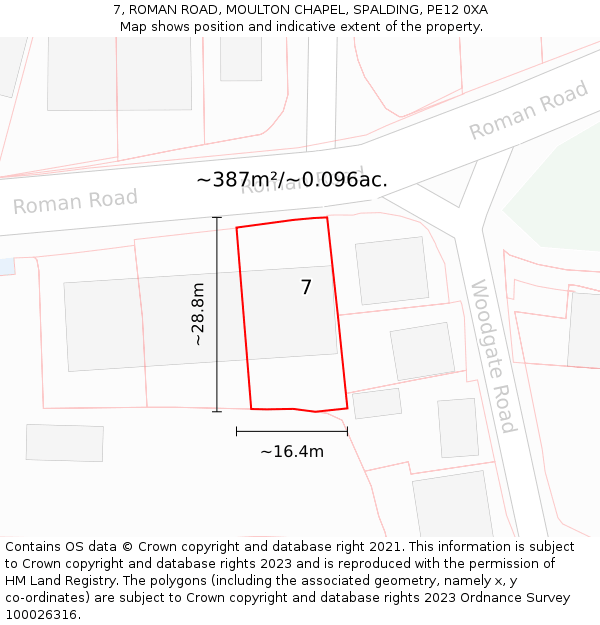 7, ROMAN ROAD, MOULTON CHAPEL, SPALDING, PE12 0XA: Plot and title map