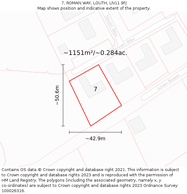 7, ROMAN WAY, LOUTH, LN11 9FJ: Plot and title map