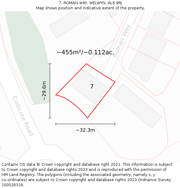 7, ROMAN WAY, WELWYN, AL6 9RJ: Plot and title map