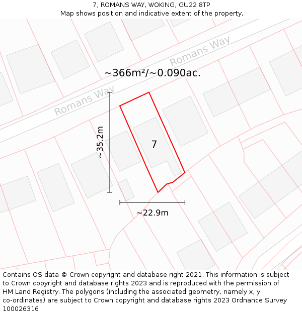 7, ROMANS WAY, WOKING, GU22 8TP: Plot and title map
