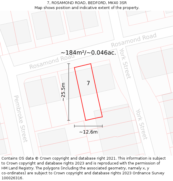 7, ROSAMOND ROAD, BEDFORD, MK40 3SR: Plot and title map