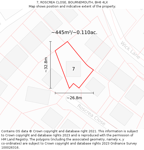 7, ROSCREA CLOSE, BOURNEMOUTH, BH6 4LX: Plot and title map