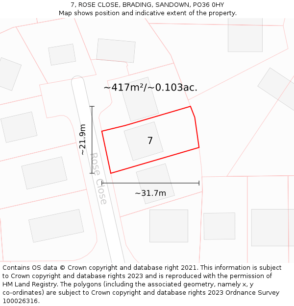 7, ROSE CLOSE, BRADING, SANDOWN, PO36 0HY: Plot and title map