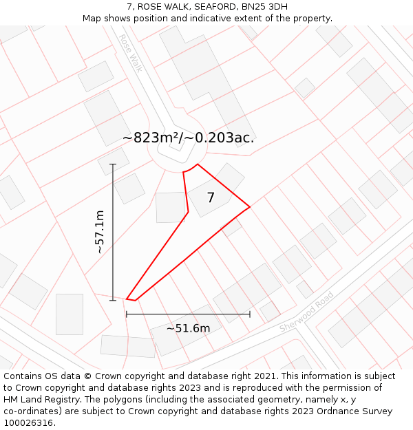7, ROSE WALK, SEAFORD, BN25 3DH: Plot and title map
