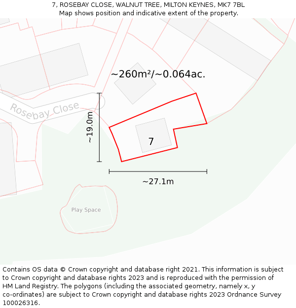 7, ROSEBAY CLOSE, WALNUT TREE, MILTON KEYNES, MK7 7BL: Plot and title map