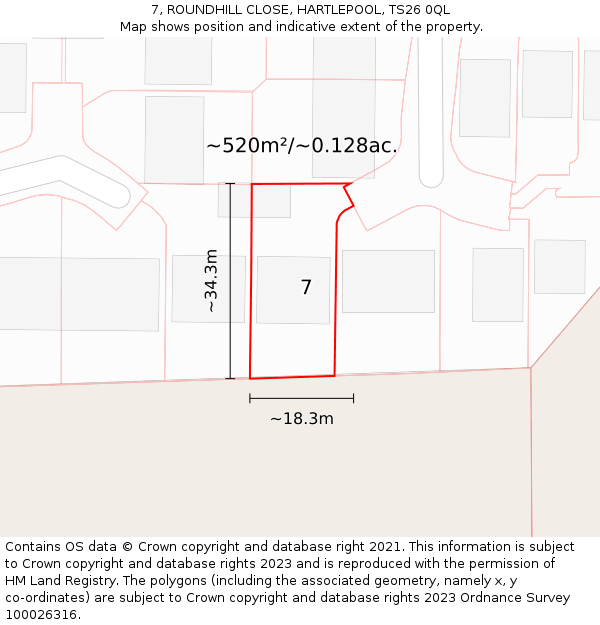 7, ROUNDHILL CLOSE, HARTLEPOOL, TS26 0QL: Plot and title map