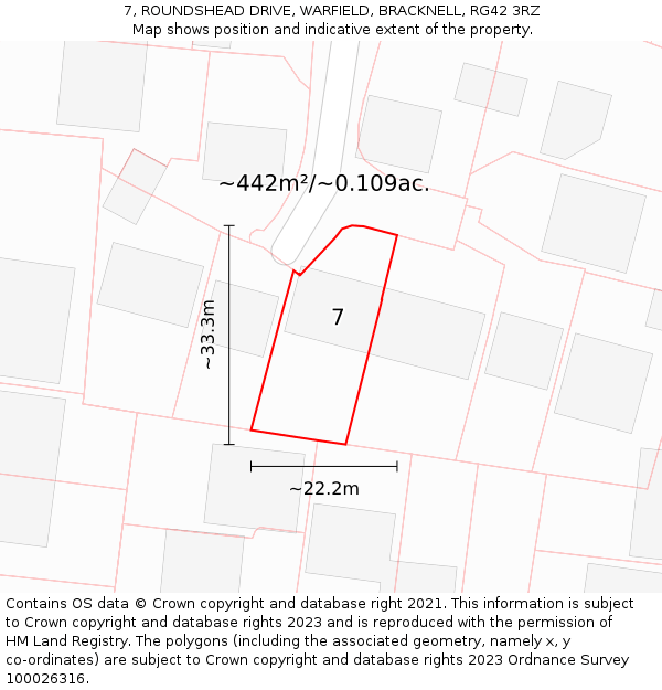 7, ROUNDSHEAD DRIVE, WARFIELD, BRACKNELL, RG42 3RZ: Plot and title map