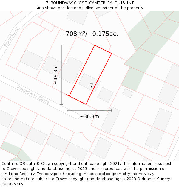7, ROUNDWAY CLOSE, CAMBERLEY, GU15 1NT: Plot and title map