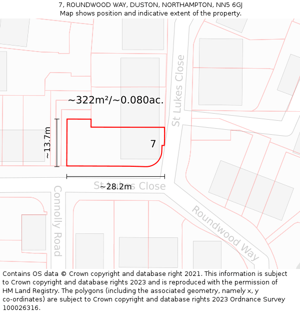 7, ROUNDWOOD WAY, DUSTON, NORTHAMPTON, NN5 6GJ: Plot and title map