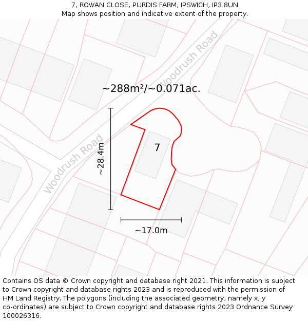 7, ROWAN CLOSE, PURDIS FARM, IPSWICH, IP3 8UN: Plot and title map