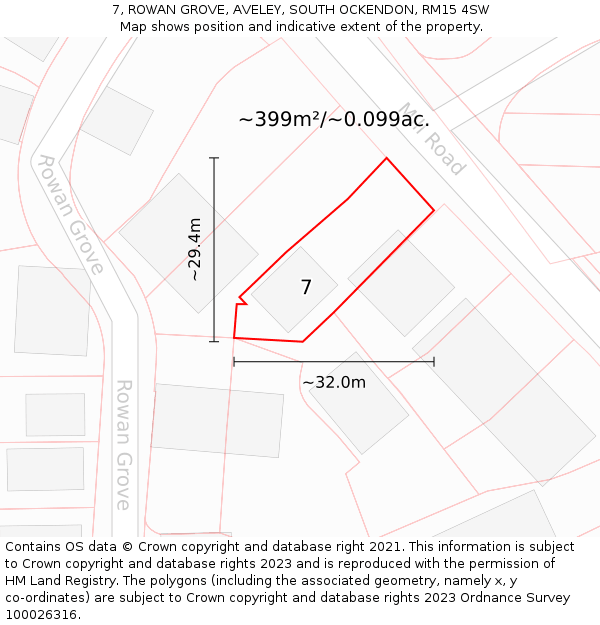 7, ROWAN GROVE, AVELEY, SOUTH OCKENDON, RM15 4SW: Plot and title map