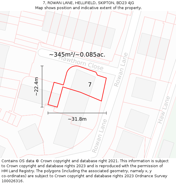 7, ROWAN LANE, HELLIFIELD, SKIPTON, BD23 4JG: Plot and title map