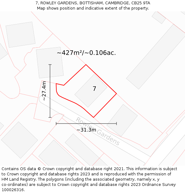 7, ROWLEY GARDENS, BOTTISHAM, CAMBRIDGE, CB25 9TA: Plot and title map
