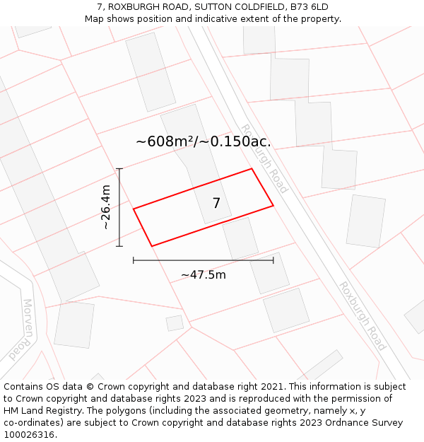 7, ROXBURGH ROAD, SUTTON COLDFIELD, B73 6LD: Plot and title map