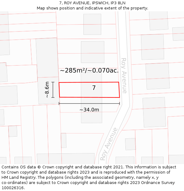 7, ROY AVENUE, IPSWICH, IP3 8LN: Plot and title map