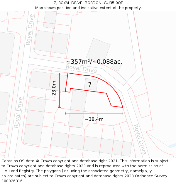 7, ROYAL DRIVE, BORDON, GU35 0QF: Plot and title map