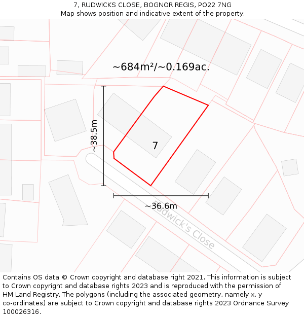 7, RUDWICKS CLOSE, BOGNOR REGIS, PO22 7NG: Plot and title map