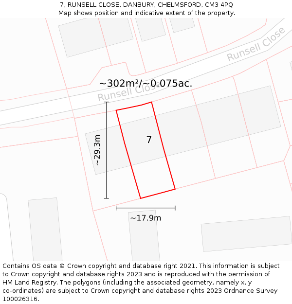 7, RUNSELL CLOSE, DANBURY, CHELMSFORD, CM3 4PQ: Plot and title map