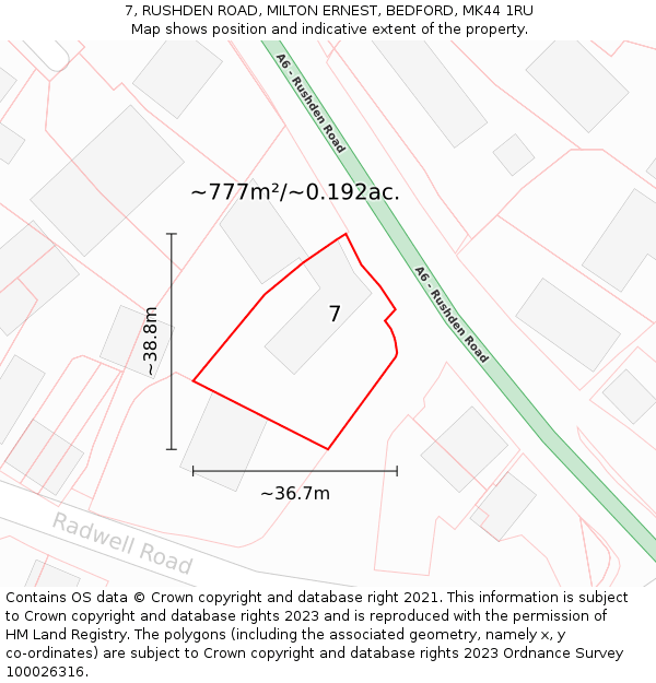 7, RUSHDEN ROAD, MILTON ERNEST, BEDFORD, MK44 1RU: Plot and title map