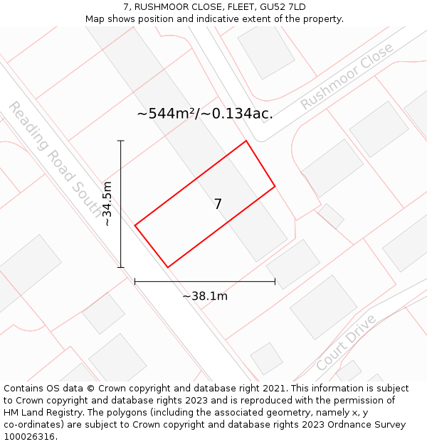7, RUSHMOOR CLOSE, FLEET, GU52 7LD: Plot and title map