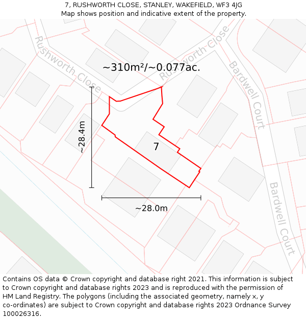 7, RUSHWORTH CLOSE, STANLEY, WAKEFIELD, WF3 4JG: Plot and title map