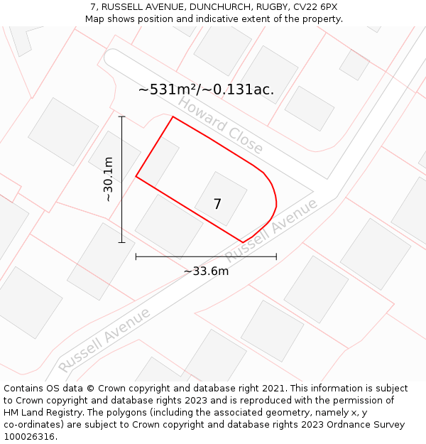 7, RUSSELL AVENUE, DUNCHURCH, RUGBY, CV22 6PX: Plot and title map