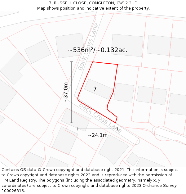 7, RUSSELL CLOSE, CONGLETON, CW12 3UD: Plot and title map