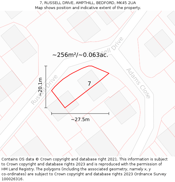 7, RUSSELL DRIVE, AMPTHILL, BEDFORD, MK45 2UA: Plot and title map