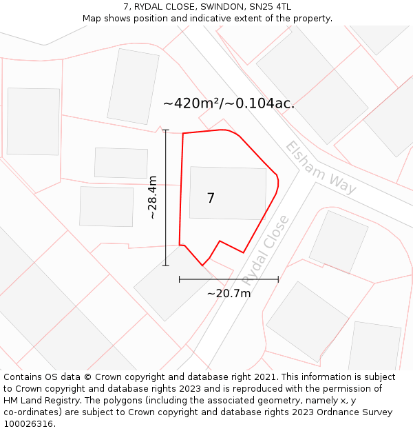7, RYDAL CLOSE, SWINDON, SN25 4TL: Plot and title map
