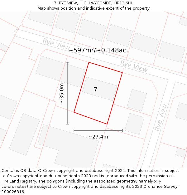 7, RYE VIEW, HIGH WYCOMBE, HP13 6HL: Plot and title map