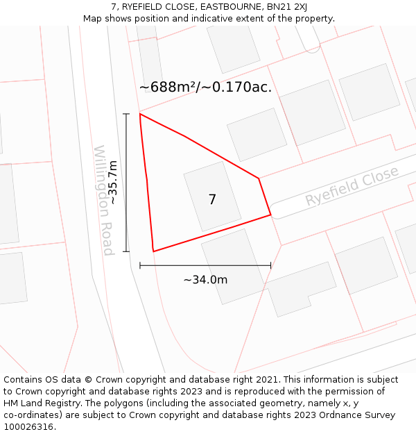 7, RYEFIELD CLOSE, EASTBOURNE, BN21 2XJ: Plot and title map
