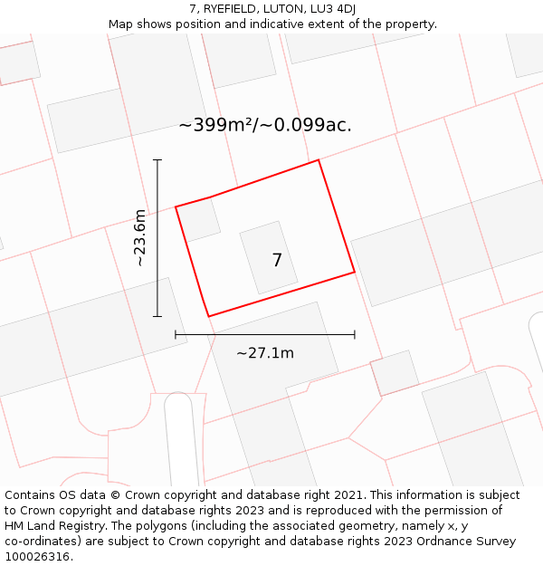 7, RYEFIELD, LUTON, LU3 4DJ: Plot and title map