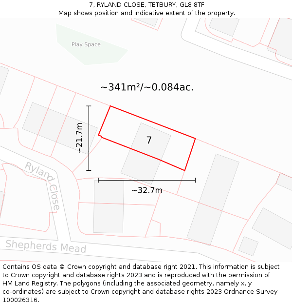 7, RYLAND CLOSE, TETBURY, GL8 8TF: Plot and title map