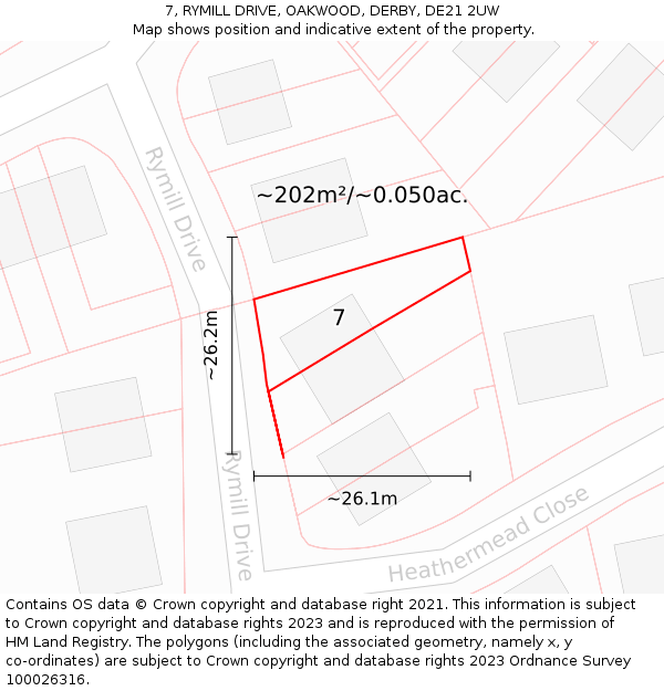 7, RYMILL DRIVE, OAKWOOD, DERBY, DE21 2UW: Plot and title map
