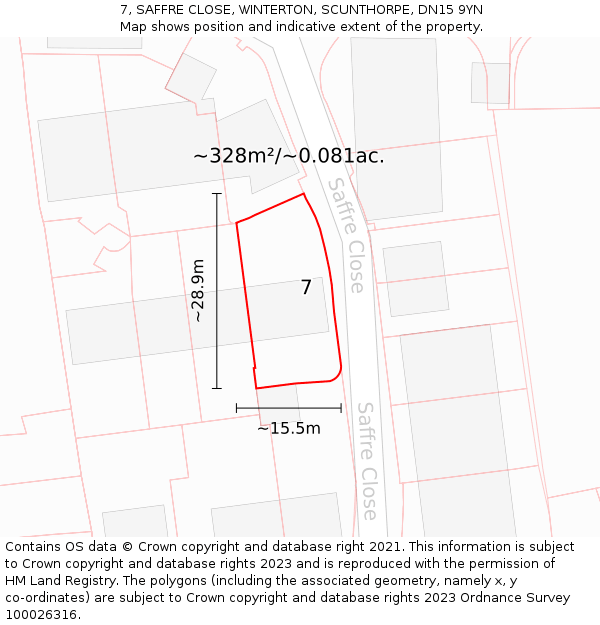 7, SAFFRE CLOSE, WINTERTON, SCUNTHORPE, DN15 9YN: Plot and title map
