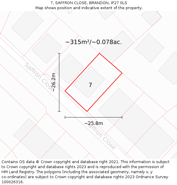 7, SAFFRON CLOSE, BRANDON, IP27 0LS: Plot and title map