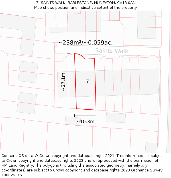 7, SAINTS WALK, BARLESTONE, NUNEATON, CV13 0AN: Plot and title map