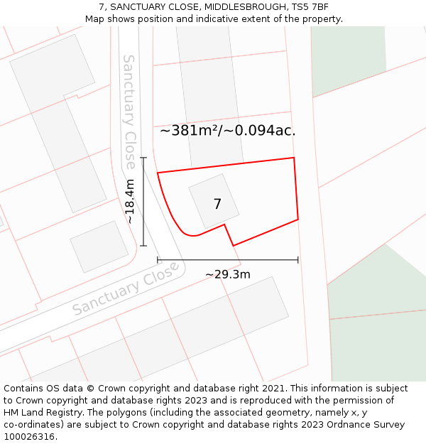 7, SANCTUARY CLOSE, MIDDLESBROUGH, TS5 7BF: Plot and title map