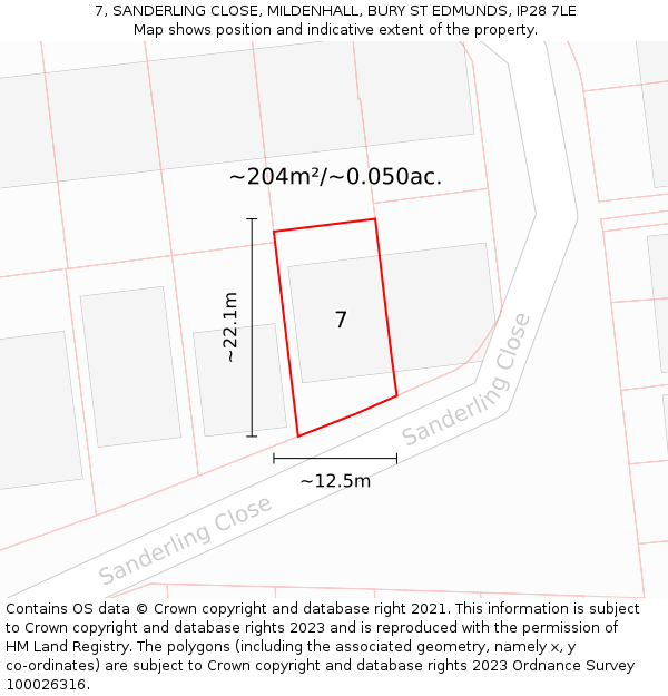 7, SANDERLING CLOSE, MILDENHALL, BURY ST EDMUNDS, IP28 7LE: Plot and title map
