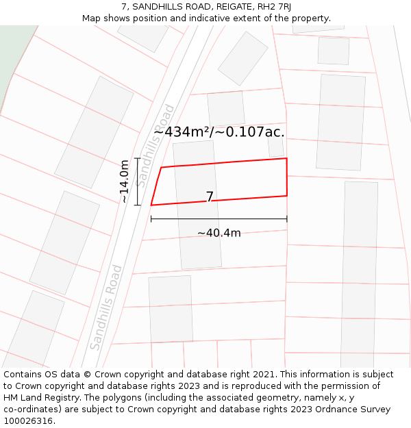 7, SANDHILLS ROAD, REIGATE, RH2 7RJ: Plot and title map
