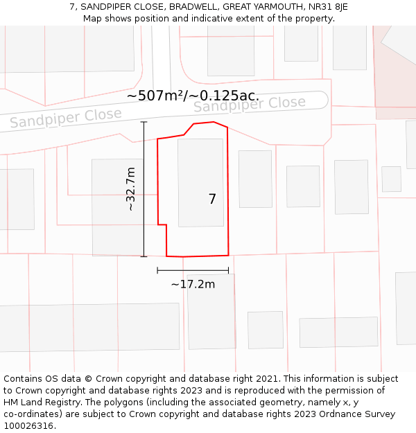 7, SANDPIPER CLOSE, BRADWELL, GREAT YARMOUTH, NR31 8JE: Plot and title map