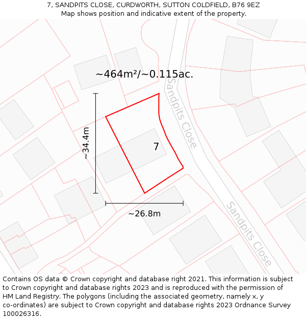 7, SANDPITS CLOSE, CURDWORTH, SUTTON COLDFIELD, B76 9EZ: Plot and title map