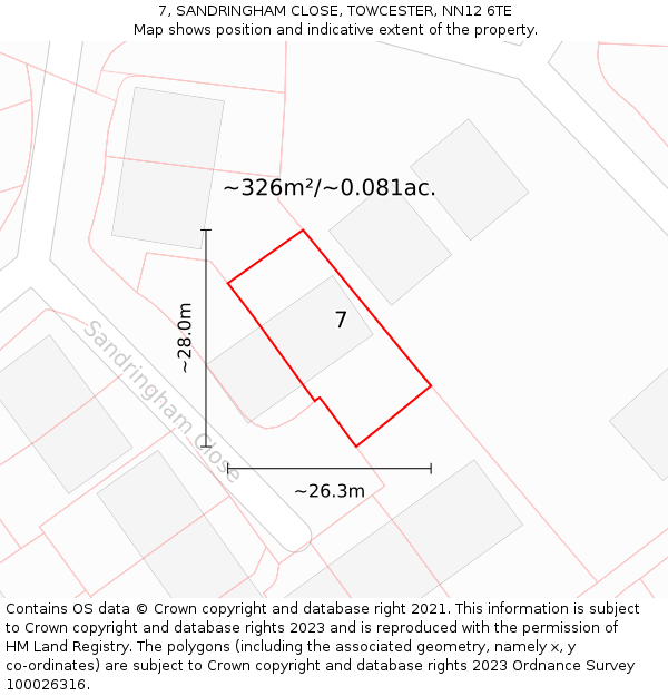 7, SANDRINGHAM CLOSE, TOWCESTER, NN12 6TE: Plot and title map